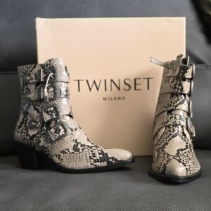 Twin-Set Snakeskin Ankle Boots - Black and Cream